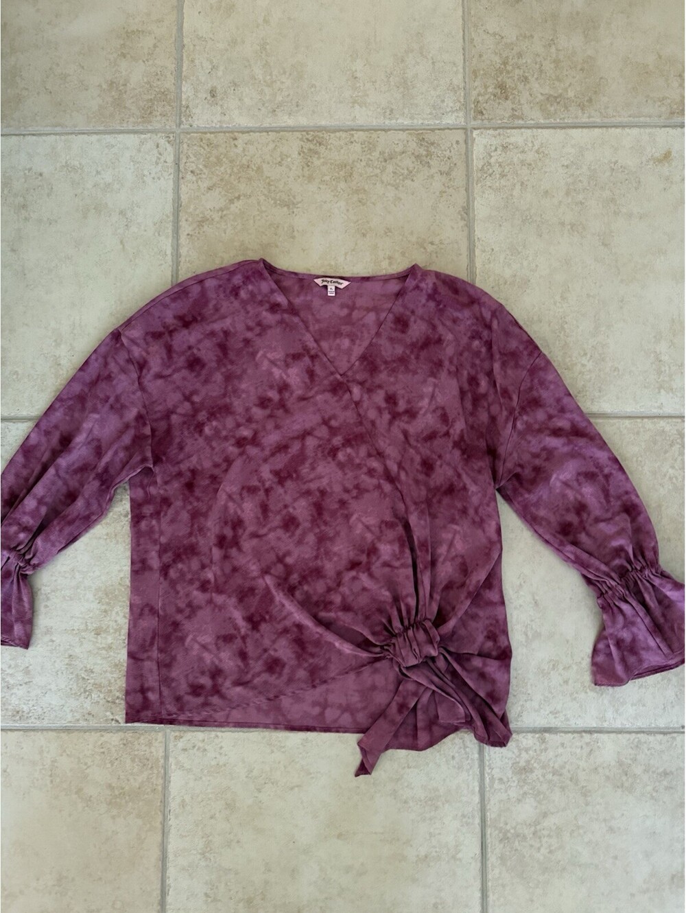 Juicy Couture Women’s Top Size XL Pink V Neck tie Front 3/4”  Sleeve Blouse